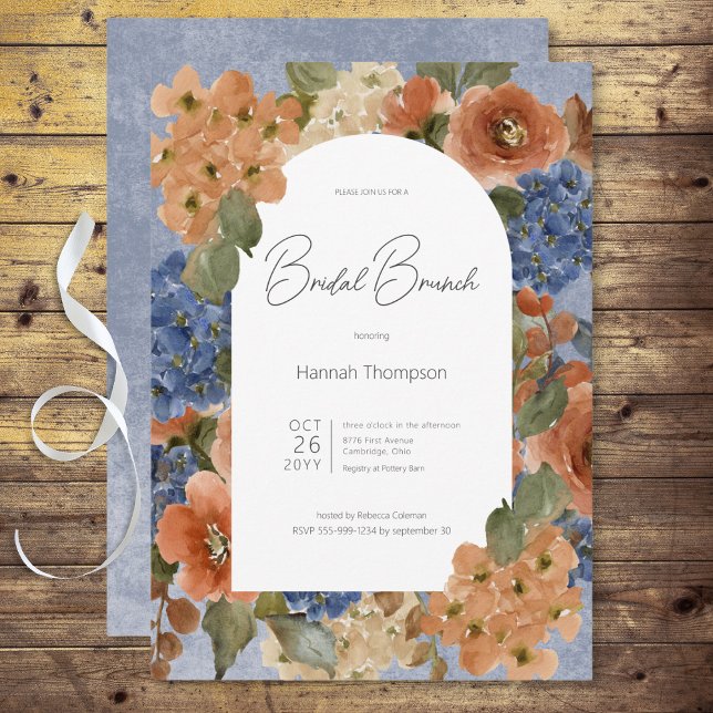 Invitación Brunéi de novias con flores rusas azules y de roya (Rustic Blue & Rust Floral Bridal Brunch Invitation)