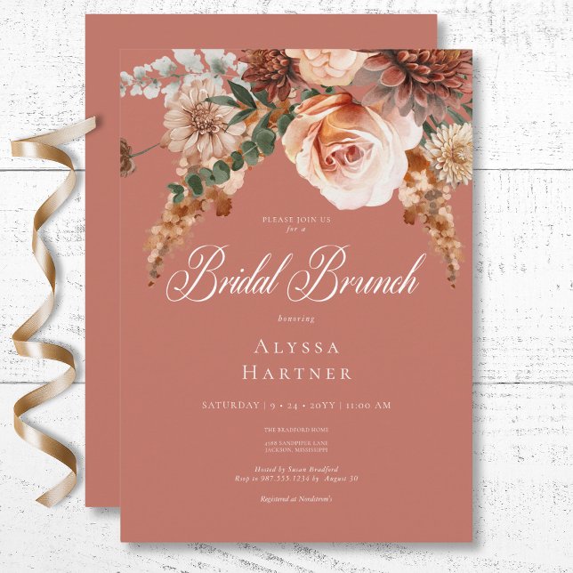 Invitación Brunéi de Novias de Buho Peach y Rust Floral (Boho Peach & Rust Floral Rust Bridal Brunch Invitation)