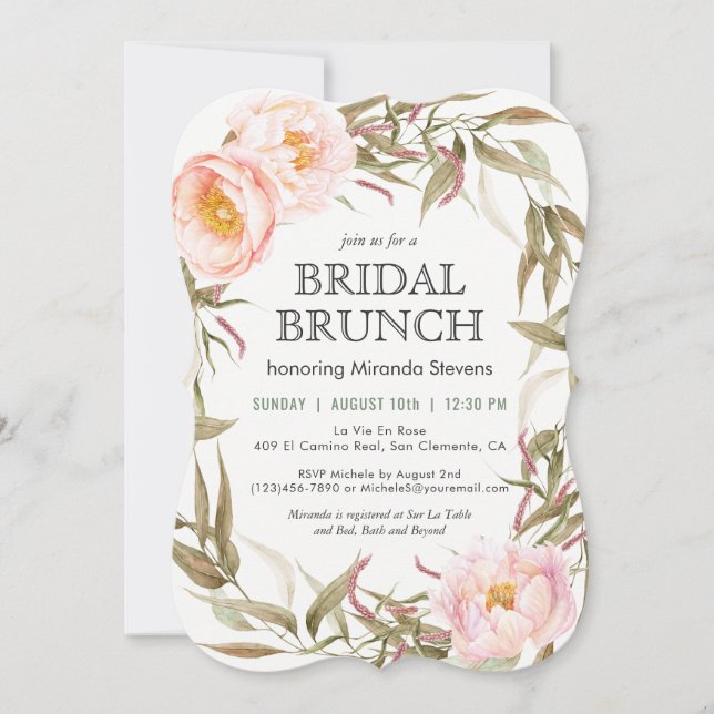 Invitación Brunéi de Novias Floral de Peonies Rosados (Anverso)