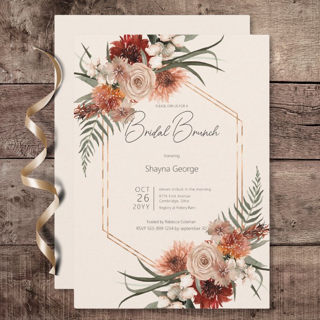 Invitación Brunéi de Novias Florales de Boho Rust & Cream Fal (Boho Rust & Cream Fall Floral Bridal Brunch Invitation)