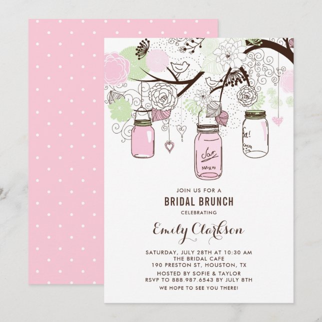 Invitación Brunéi de novias florales de mason rosa y verde (Anverso / Reverso)