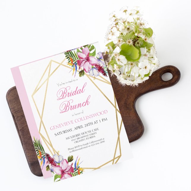 Invitación Brunéi de Novias Geométricas de Oro Floral Rosa Tr (Subido por el creador)