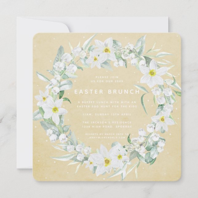 Invitación Brunéi de Pascua Amarillo cuadrado + Floral blanca (Anverso)