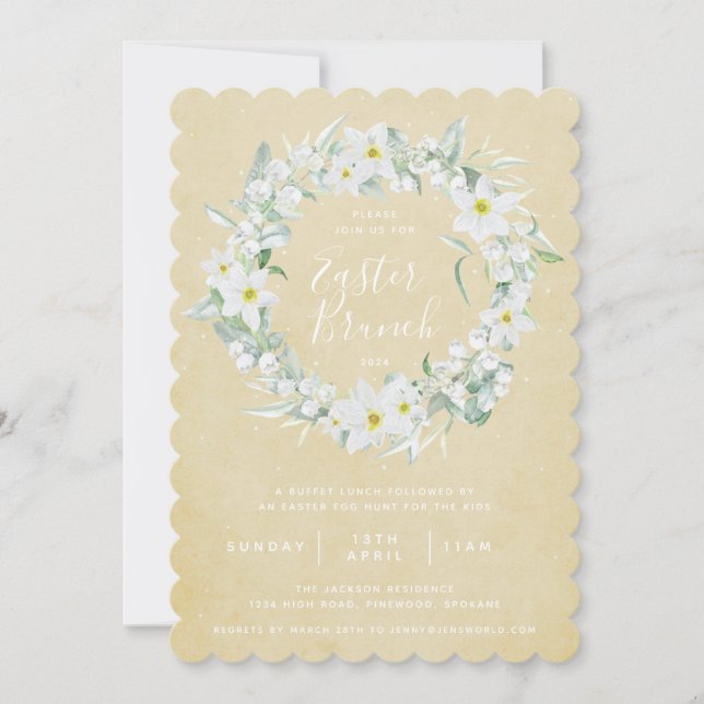 Invitación Brunéi de Pascua Amarillo + Floral Blanco (Anverso)