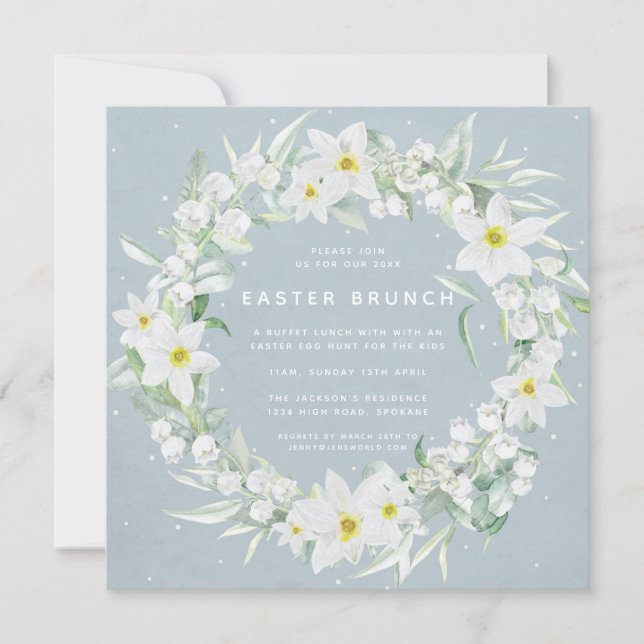 Invitación Brunéi de Pascua Azul cuadrado + Floral blanca (Anverso)