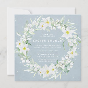 Invitación Brunéi de Pascua Azul cuadrado + Floral blanca