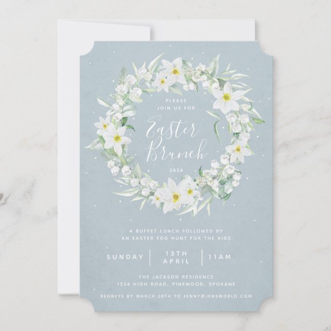 Invitación Brunéi de Pascua Azul + Floral Blanco (Anverso)