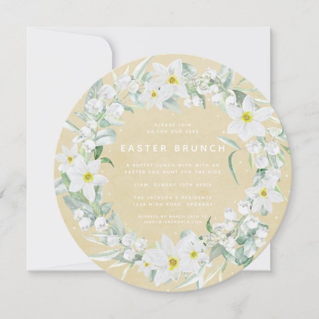 Invitación Brunéi de Pascua Rodo Amarillo + Floral Blanco (Anverso)