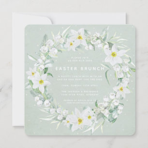 Invitación Brunéi de Pascua Verde cuadrado + Floral blanca