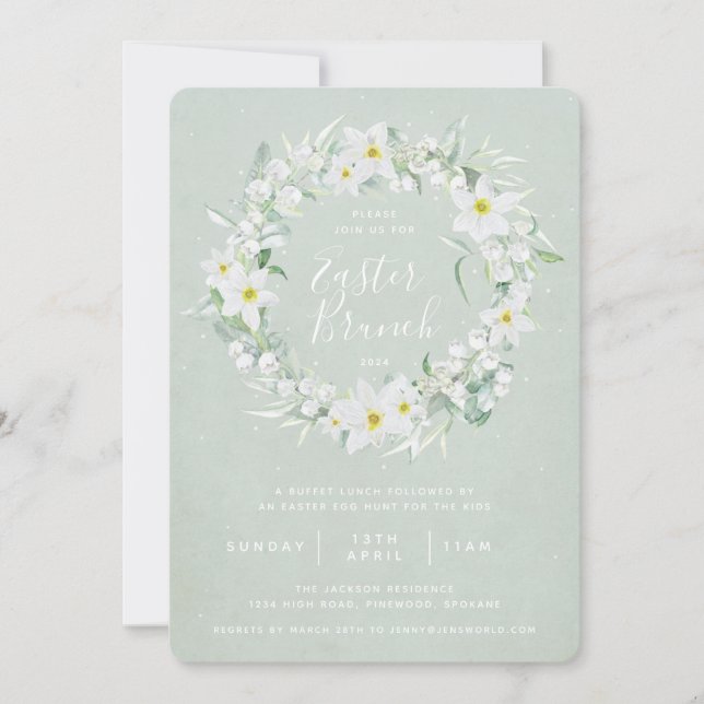 Invitación Brunéi de Pascua Verde + Floral Blanco (Anverso)