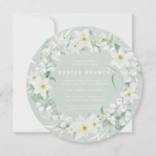 Invitación Brunéi de Pascua Verde Redondo + Floral Blanco
