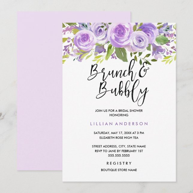 Invitación Brunéi De Rosa Floral De Lavanda Púrpura Y Bubbly (Anverso / Reverso)