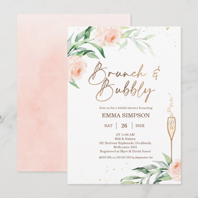Invitación Brunéi dorado rosado con burbujas y ducha de novia (Anverso / Reverso)