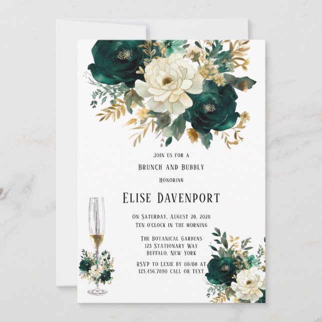 Invitación Brunéi floral blanco de oro verde y burbujeante (Anverso)