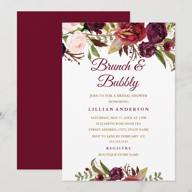 Invitación Brunéi floral de Borgoña y ducha de novia burbujea (Anverso / Reverso)