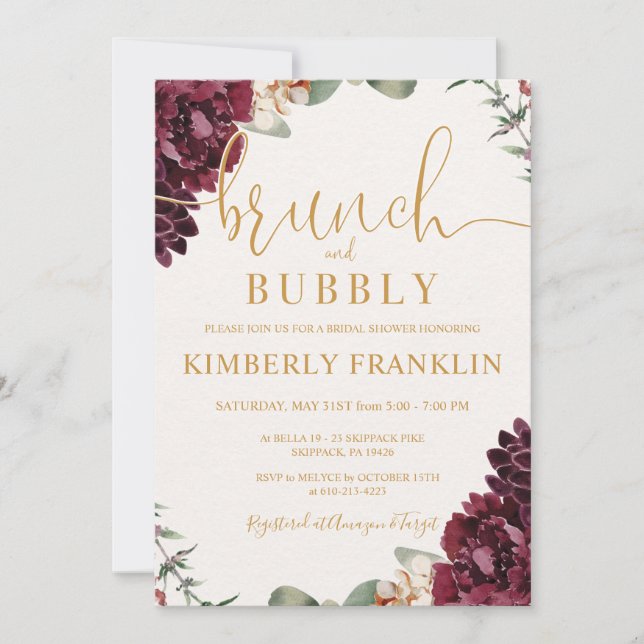 Invitación Brunéi floral de Borgoña y ducha de novia burbujea (Anverso)