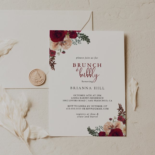 Invitación Brunéi floral de Borgoña y ducha de novia burbujea (Subido por el creador)