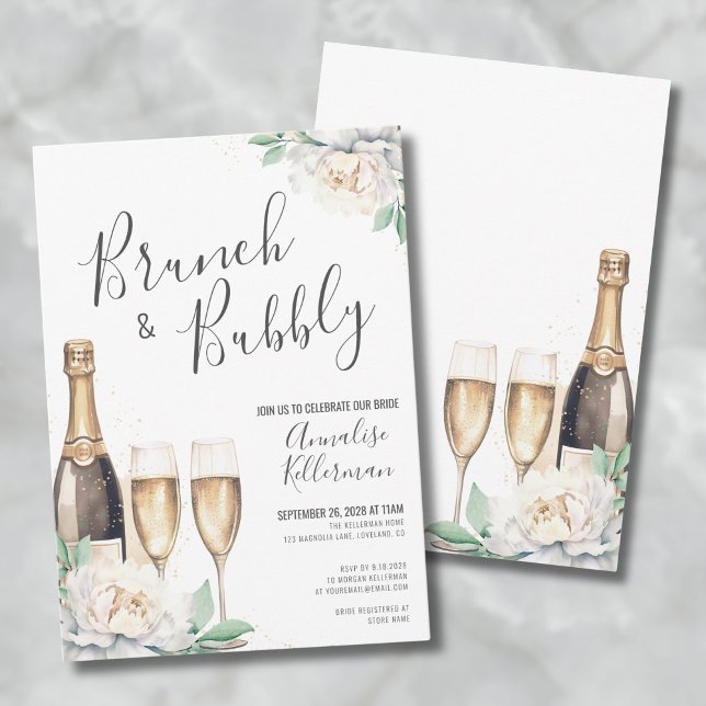 Invitación Brunéi Floral De Champagne Y Ducha De Novias Bubbl (Floral Brunch And Bubbly Bridal Shower Invitation)
