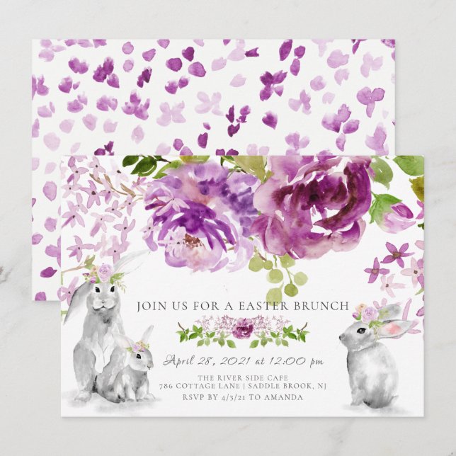 Invitación Brunéi Floral de Pascua Morado (Anverso / Reverso)