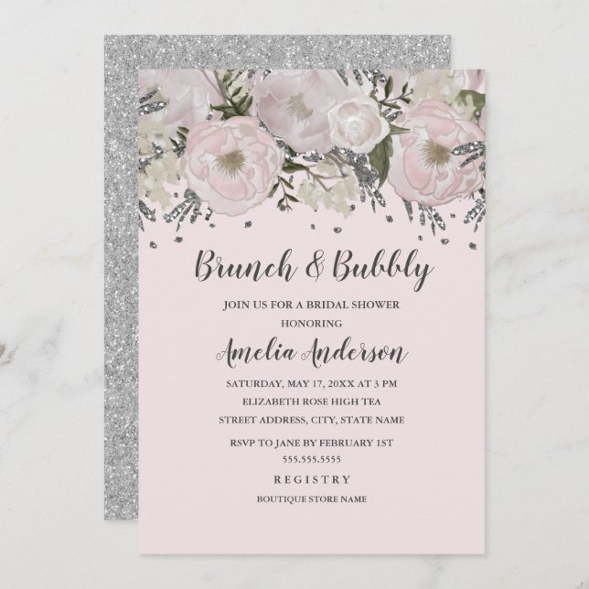 Invitación Brunéi Floral De Plata Rosa Rubor De bonito Y Bubb (Anverso / Reverso)