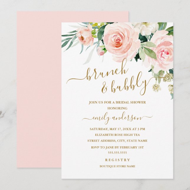 Invitación Brunéi Floral De Rubor Y Ducha De Novias De Buble (Anverso / Reverso)