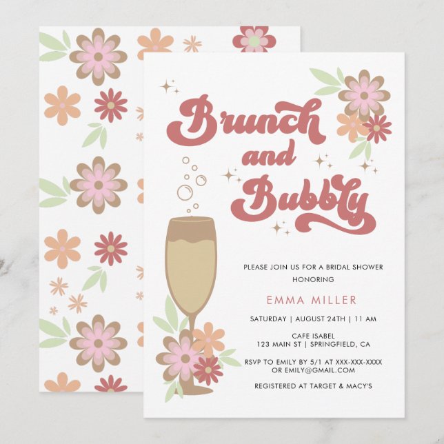 Invitación Brunéi floral retro y ducha de novia burbujeante (Anverso / Reverso)