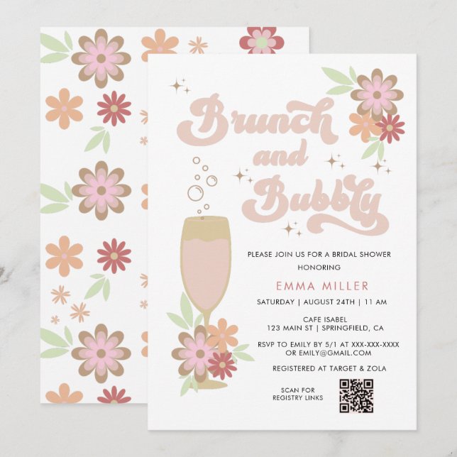 Invitación Brunéi floral retro y ducha de novia burbujeante (Anverso / Reverso)