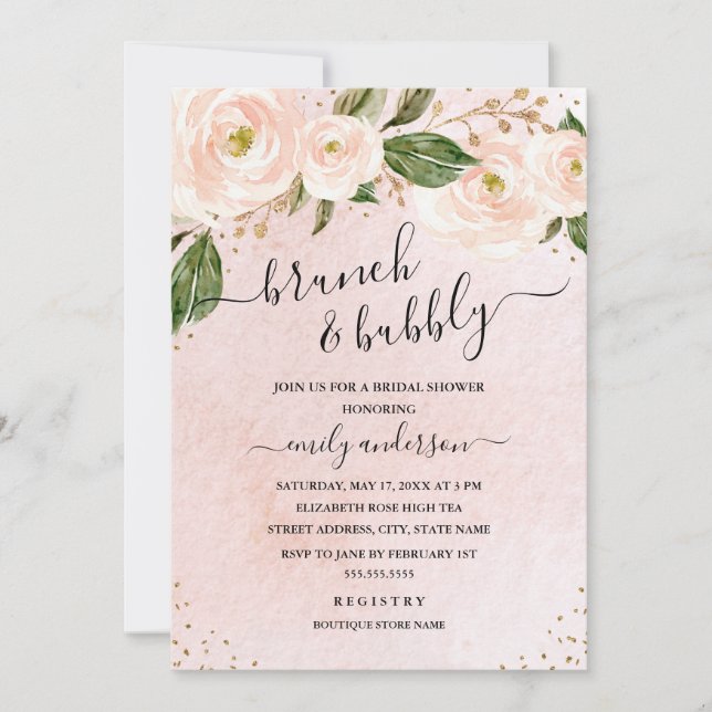 Invitación Brunéi Floral Rosa Y Ducha Brillante De Bóveda (Anverso)