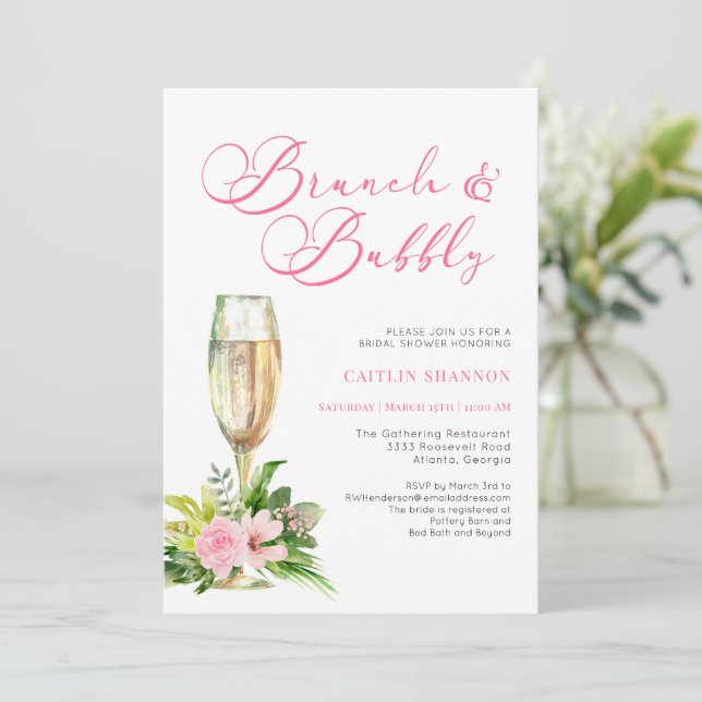 Invitación Brunéi floral rosa y ducha de novia burbujeante In (Anverso de pie)