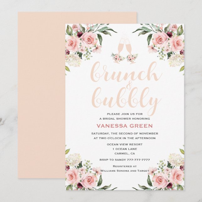 Invitación Brunéi floral rosado y ducha de novia burbujeante (Anverso / Reverso)