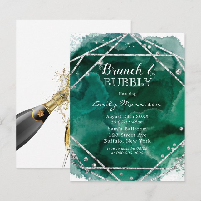 Invitación Brunéi geométrico de plata verde esmeralda (Anverso / Reverso)