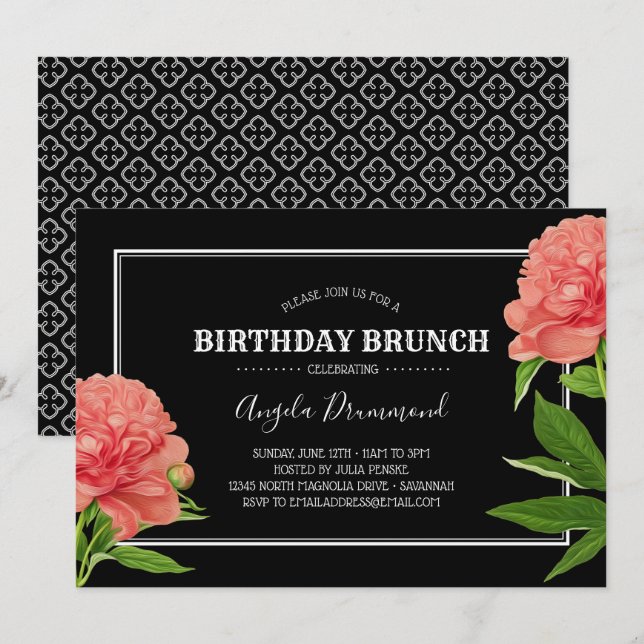 Invitación Brunéi negro de cumpleaños de flores de Peony (Anverso / Reverso)