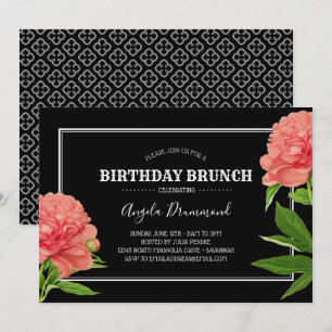 Invitación Brunéi negro de cumpleaños de flores de Peony
