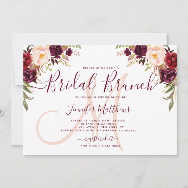 Invitación Brunéi nupcial elegante con flores de Borgoña (Anverso)