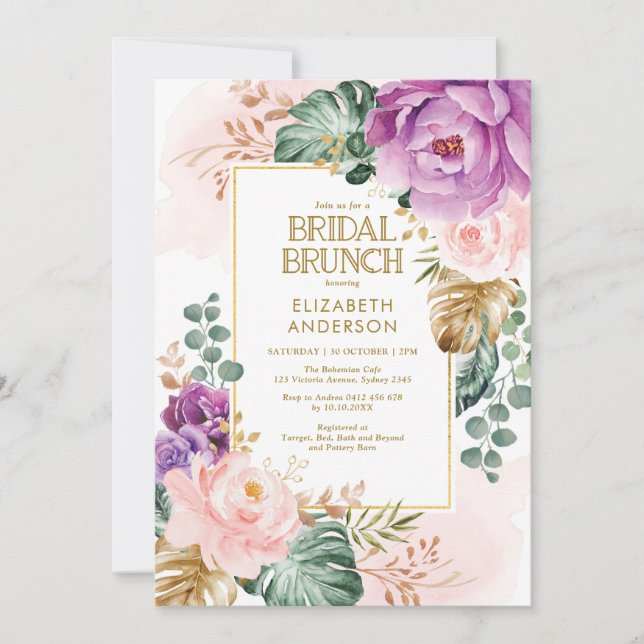 Invitación Brunéi nupcial tropical verde Rosas púrpura de Rub (Anverso)