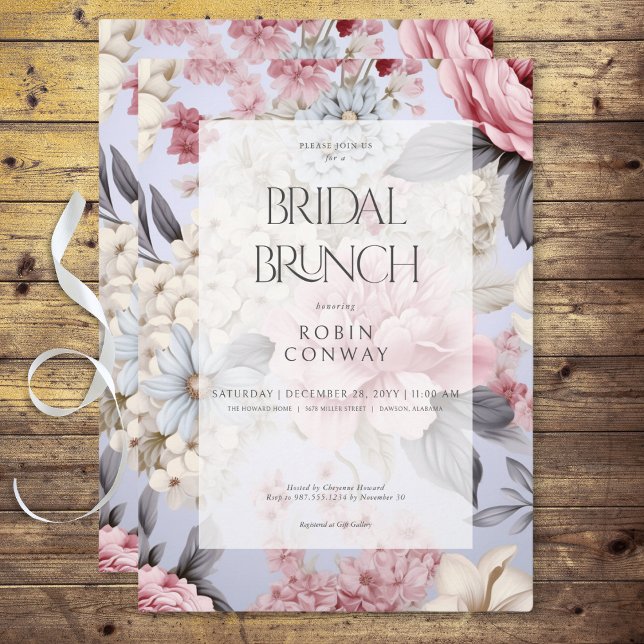 Invitación Brunéi romántico azul rosa y floral blanca (Romantic Blue Pink & White Floral Bridal Brunch Invitation)