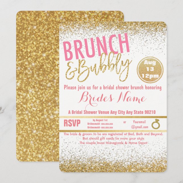 Invitación Brunéi rosa y dorado y ducha de novia burbujeante (Anverso / Reverso)