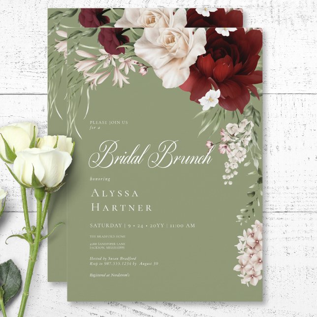 Invitación Brunéi Rústico Blanco y Borgoña Floral Verde Brida (Rustic White & Burgundy Floral Green Bridal Brunch Invitation)