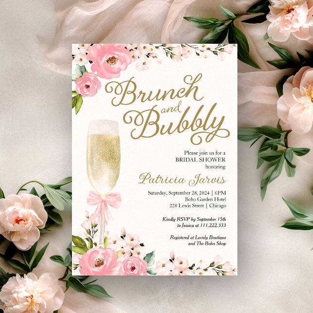 Invitación Brunéi Y Bubbly Bridal Shower Gold Floral Rosa (Subido por el creador)