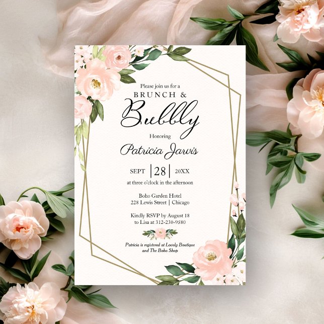 Invitación Brunéi Y Bubbly Bridal Shower Rubor Floral Rosa (Subido por el creador)