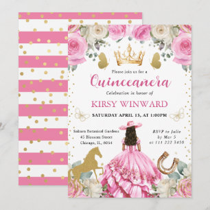 Invitación Bruneta de vestido rosa Princesa del Oeste Quincea