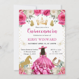 Invitación Bruneta de vestido rosa Princesa del Oeste Quincea