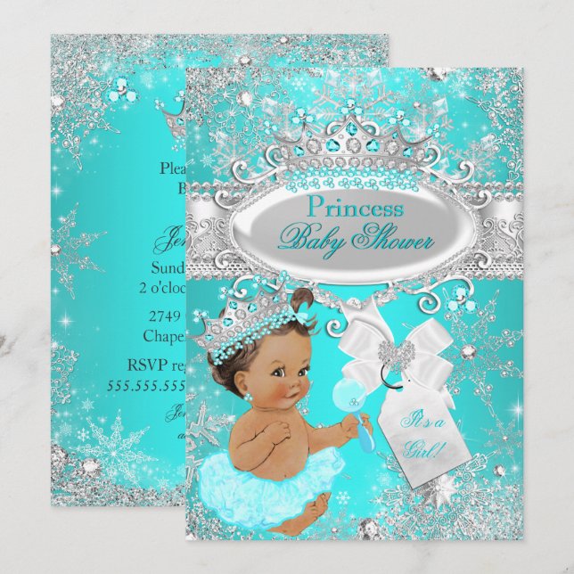 Invitación Brunette Aqua Wonderland Princess Baby Shower (Anverso / Reverso)