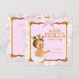 Invitación Brunette Baby Princess Baby Shower White Pink Gold