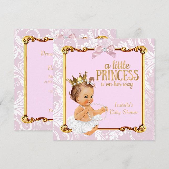 Invitación Brunette Baby Princess Fiesta de Bebé Blanco Rosa  (Anverso / Reverso)