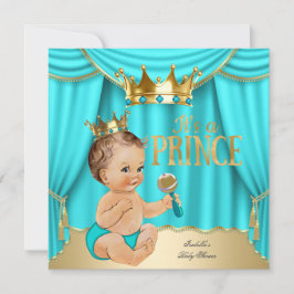 Invitación Brunette Baby Shower Prince Aqua Blue Gold Crown