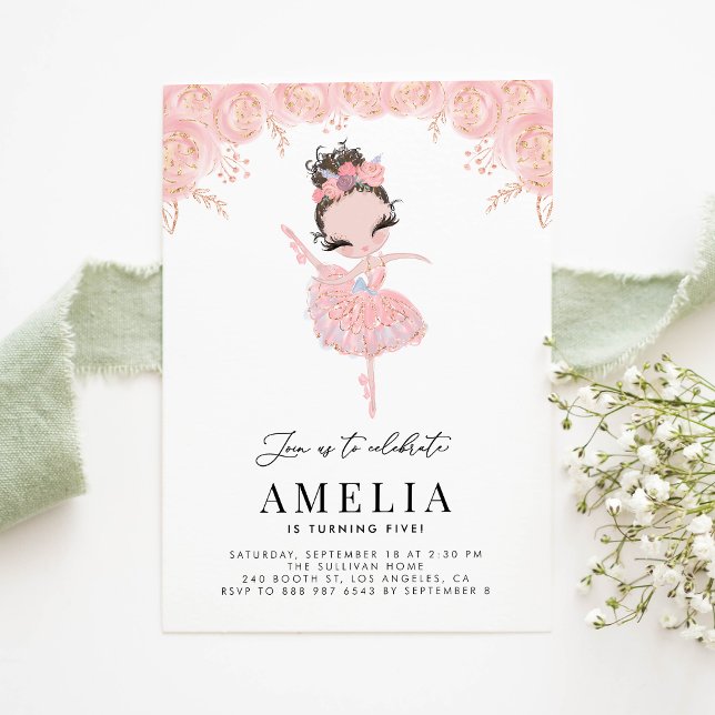 Invitación Brunette Ballerina con vestido rosa Cumpleaños Flo (Subido por el creador)