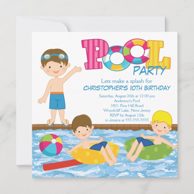 Invitación Brunette Boy Fiesta de Aniversario de Piscina (Anverso)