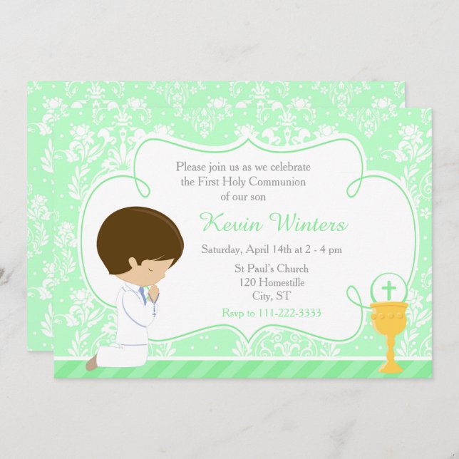 Invitación Brunette Boy First Communition Damask (Anverso / Reverso)