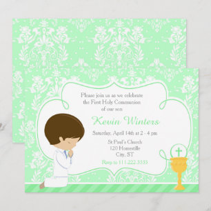 Invitación Brunette Boy First Communition Damask